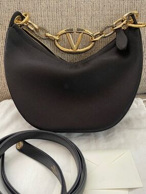 Valentino moon Black Crescent Shoulder Bag with Gold V Chain
